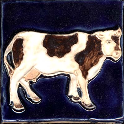 Blue  White Tiles on Cow Standing 1 Blue And White And Brown