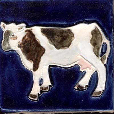 Blue  White Tiles on Cow Standing 2 Cobalt Blue And White