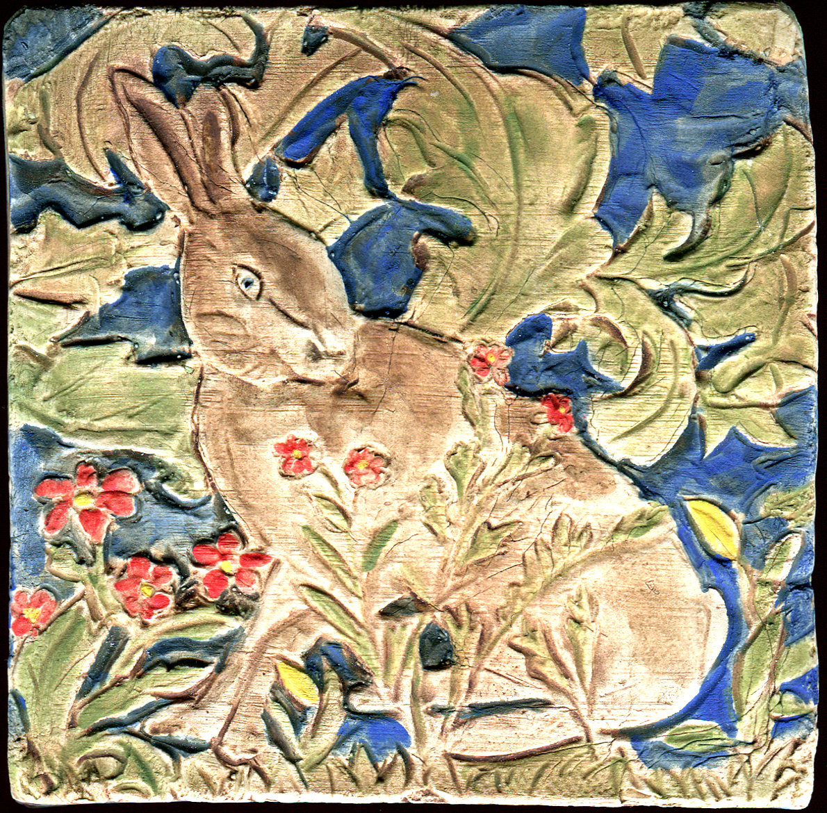 Beautiful Art and Crafts William Morris Rabbit Hare Peacock Bird Fox Vixen Black Forest design 8/20cm ceramic tile for kitchens bathrooms splash backs fireplace surrounds murals and mosaics